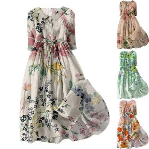 AMDOLE Boho Dresses for Women UK Retro Print Casual Dresses Scoop Neck Ladies Sun Dress Plus Size Loose Prom Bohemian Dresses Shirt Dresses