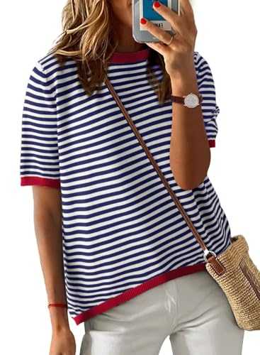 Women's T-Shirt Short Sleeves Ladies Summer Tops Crewneck Striped Color Block Blouse Casual Loose Knitted Pullover Tee Shirts
