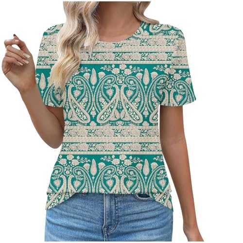 Womens Summer Short Sleeve T-Shirts Casual Crew Neck Tunic Pleated Floral Printed Tops Comfy Loose Fit Blouse Ladies Trendy Shirts