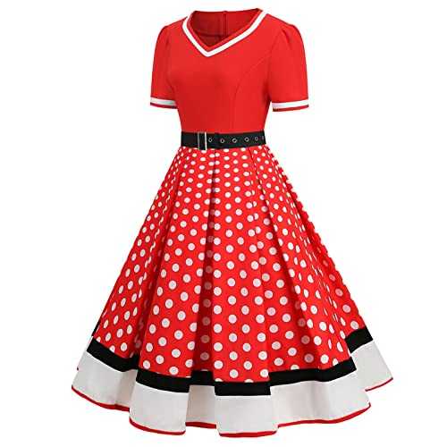 AMDOLE Denim Dresses for Women Women Casual Polka Dot Short Sleeve 1950s Housewife Evening Party Prom Dress Womens Dresses Womens Dresses