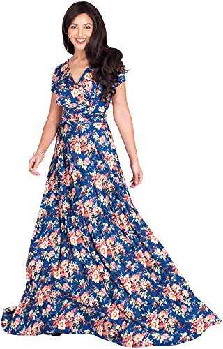 KOH KOH Womens Cap Sleeves Floral Print V-Neck Summer Elegant Long Maxi Dress