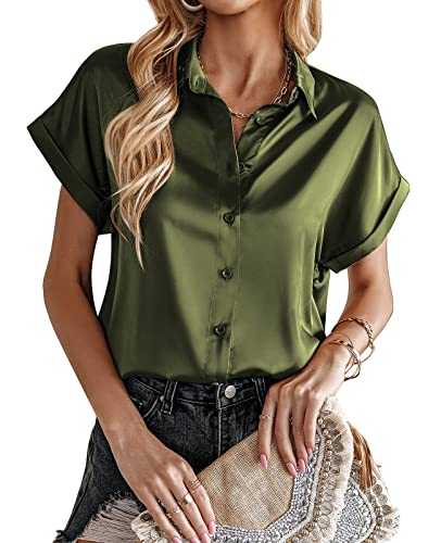MINTLIMIT Women's 2024 Satin Silk Button Down Shirts Roll Short Sleeve V Neck Collared Summer Casual Office Work Shirt
