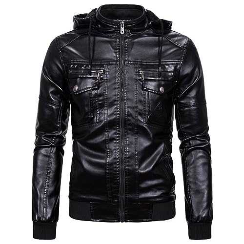 Men Leather Jackets Motorcycle Bomber Jacket Faux Leather Hooded Zip Up Biker Coat Windproof Warm Jackets Waterproof Black Windbreaker Casual Business Motorbike Outwear with Pockets