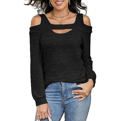 Heersan Ladies Casual Long Sleeve Blouse Tops U Neck Off-Shoulder Top Pullover T Shirts Blouse Tops Fall