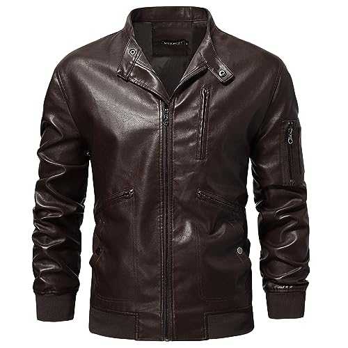 WULFUL Men's PU Faux Leather Jacket Stand Collar Lightweight Bomber Jacket