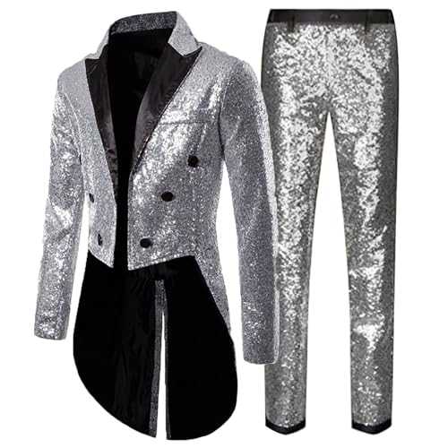 Generisch Glitter Suit Set Men's Sequin Tuxedo Jacket and Shiny Trousers 2-Piece Gold Suit for Party Prom Slim Fit Carnival Tailcoat and Metallic Trousers