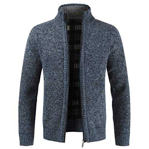 Mens Knitted Cardigan Thick Sweater Full Zip Stand Collar Fleece Lined Winter Coat