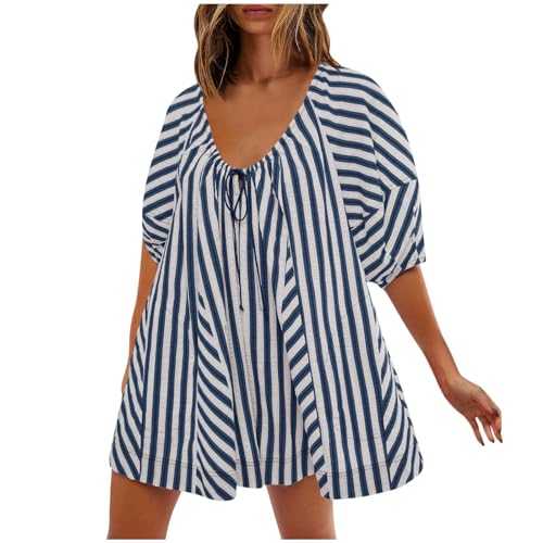 Women Striped Mini Dress Summer Casual Puff Sleeve Scoop Neck Keyhole Back 2024 Beach Swing Dress with Pockets Ladies Elegant Romper Dress Sale Clearance