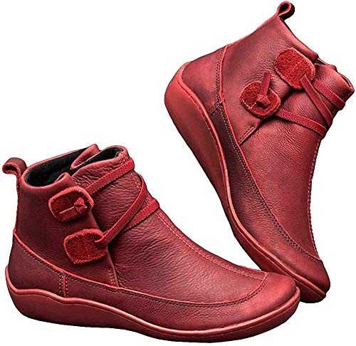 Kinloy Ladies Low Heel Ankle Boots Soft Comfy Flat Waterproof Vintage Braided Strap Breathable Leather Short Booties Round Toe Shoes Red Size 6.5 UK