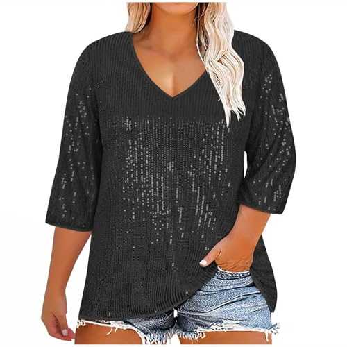 ANHATUIV Plus Size Women's Sequin Tops Sale 3/4 Sleeve Tops for Women UK Sequin Top for Women Sequin Blouse Sparkly Glitter Party Blouse Going Out Shirt for Evening Party