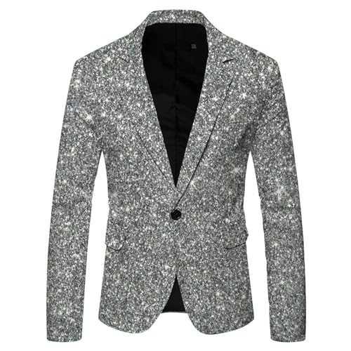 2024 Men's 3D Sequin Suit Printed Pocket Lapel Button Up Suit Suit Style Four Mens Rabbit Suit (Silver, S)