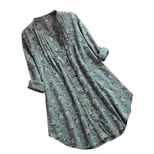 Xmiral Blouse Women Floral Printed Long Sleeve/Short Sleeve Tops T-Shirt Pleated Button T-Shirt