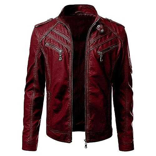 FWSHANGMAO Men'S Long-Sleeved Leather Jacket,Burgundy Motorcycle Biker Style Jacket Faux Leather Jacket Zipper Punk Rock Transition Cargo Bomber Jacket For Xs-3Xl
