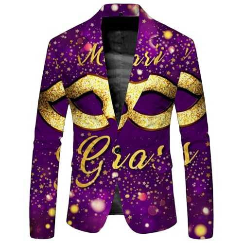 Men's Mardi Gras Blazer - Purple Slim Fit Party Suit Jacket - Gold Mask Pattern Lightweight Blazer for Festival - Stylish Formal Carnival Wear for Men - Unique Statement Celebration Jacket