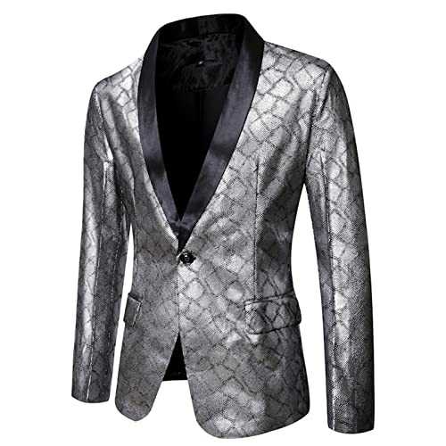 Gold Shiny Dress Blazer Men Snakeskin Pattern Plaid Print Sigle Button Blazers Party Stage Prom Suit Jacket