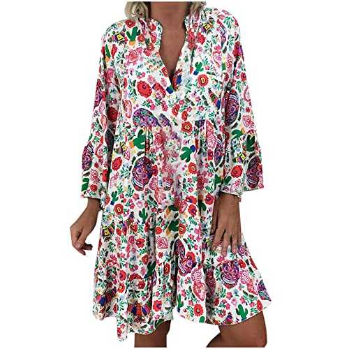 AMhomely Dresses for Women UK Sale Ladies Casual Plus Size Loose Print Long Sleeve V-Collar Button Mini Dress Wedding Guest Dresses Bridesmaid Dresses Party Elegant Evening Prom Cocktail Dresses