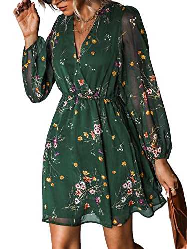 CUPSHE Women's Floral Print Chiffon A-Line Mini Dress Long Peasant Sleeves Elastic Autumn Dress