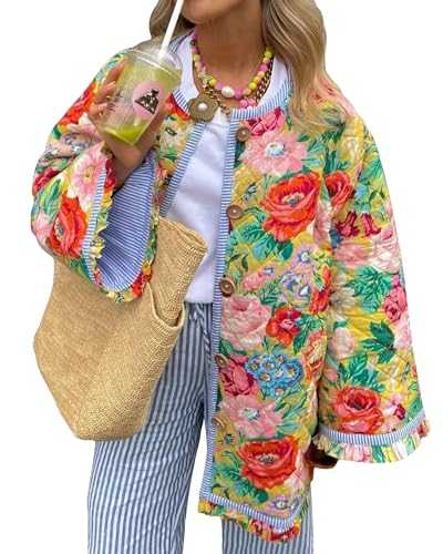 Women Floral Print Quilted Jacket Vintage Button Down Loose Fit Lightweight Puffer Coat Boho Flower Open Front Padded Outerwear