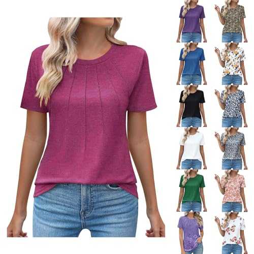 Cocila Womens Shirts and Blouse Sale Clearance Ruched Round Neck Blouse Tees for Women Solid Color Loose Short Sleeve Tops Summer Classic T-Shirt Casual Pleated Ladies Tunic Tops