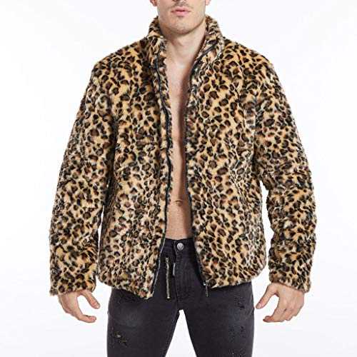 Yowablo Men's Leopard Winter Warm Fashion Outdoor Faux Fur Wool Overcoat Collar Coat