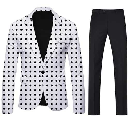 Yaflonjaa Men's Two Pieces Suit One Button Polka Dots Jacket with Pants for Formal Prom Party