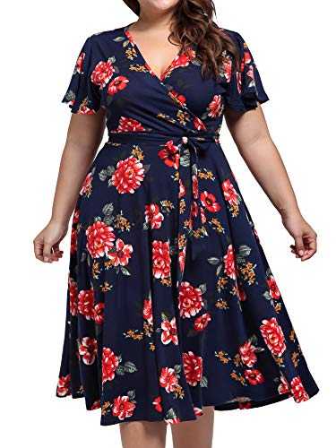 kissmay Plus Size Womens V Neck Floral Cocktail Party Midi Dresses with Pocket