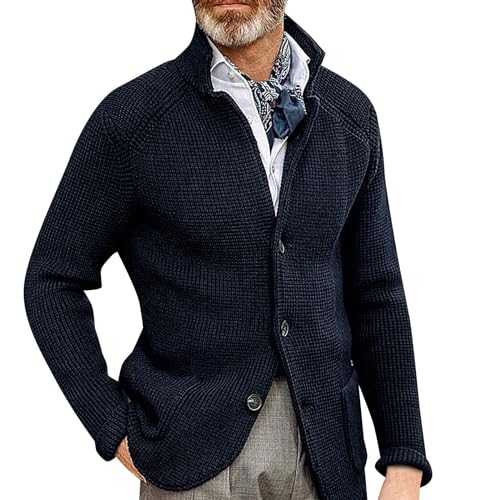 Men Chunky Knitted Jacket - Button-Down Sweater Men Men'S Stand Collar Wool Coat Thick Needle Thickened Suit Sweater Men Suits Slim Fit With 3 Button Winter Thermal Knitwear Men Cardigans With Pockets
