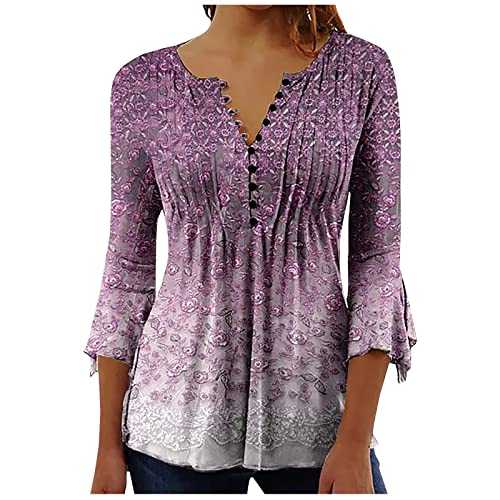 Women's Long Sleeve T Shirts Elegant Summer Boho Floral Henley Tops Button Up V Neck Tunic Pleated Blouses Loose Fit Pullover Tops 3/4 Sleeve Tees for Spring Autumn