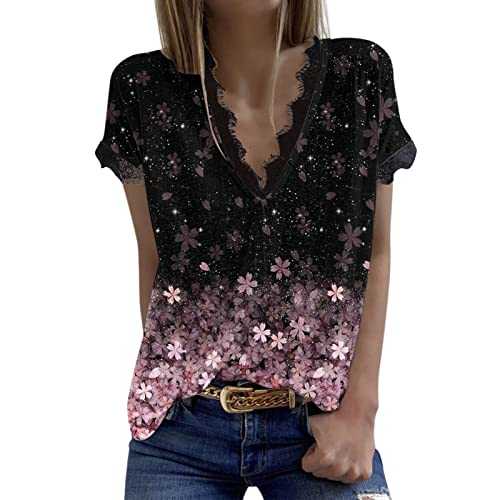 Loose T Casual Sleeve Lace Tops Summer Blouse V Women's Side Elegant Printed Shirt T-Shirt Floral Split Daily Tunic Neck Vintage Short Women's T-Shirts Blue Glitter Top
