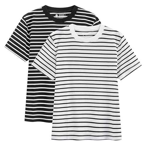 Women's Striped Shirt Classic Fit Short Sleeve Round Neck Striped T-Shirt Casual Summer Wear, 2-Pack