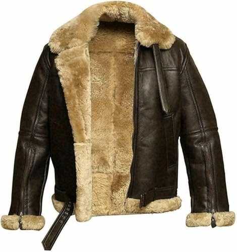 Men's Leather Jacket Men Brown PU Leather Shearling Style Vintage Bomber Flying Jacket Bomber Jacket