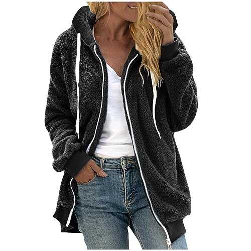 AOCRD Womens Winter Soft Teddy Hooded Jumper Hoody Warm Fluffy Zip Coat Fleece Hoodies Jacket Overcoat Cardigan