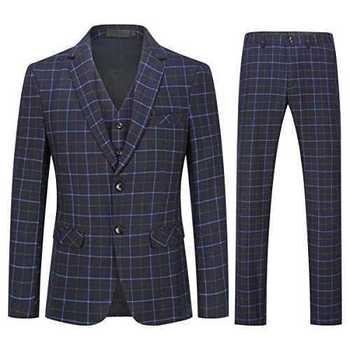 Mens Suits 3 Piece Slim Fit Checked Suit Single Breasted Herringbone Vintage Tuxedo Formal Business Blazer Waistcoat Trouser