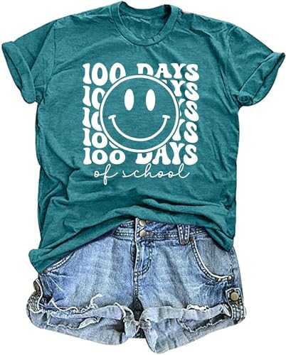 LHBNK Teacher Shirts Women Happy 100 Days of School T-Shirt Teach Print Graphic Tshirt Teacher Gifts Tops Tee