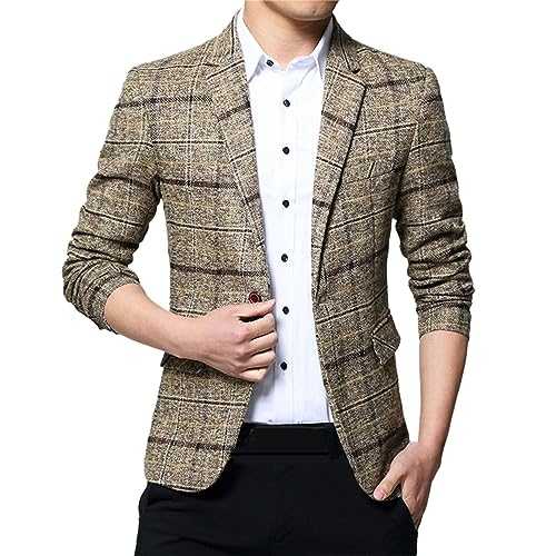 Mens Tweed Blazers Smart Casual, Plaid Jackets for Men Check Suit Jacket Plaid Suits Slim Fit Blazer One Button Suits Business Suit Jackets Mens Black Blazer Slim Fit Casual Blazers for Men Cotton