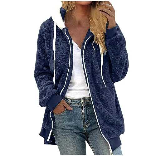 Women's Fluffy Hoodies Zipped Fleece Jackets Casual Long Sleeve Ladies Teddy Coats Comfy Loose Fit Longline Zipped Hoodies Lightweight Autumn Jackets with Hood