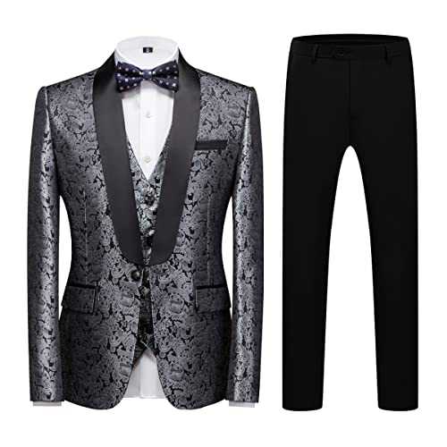 Mens Suits 3 Piece Tuxedo Slim Fit Paisley Jacquard Tuxedo Suit Casual Business One Button for Wedding Dinner Party