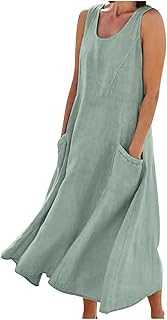 Summer Dresses for Women Maxi Dresses with Pockets Cotton Linen Midi Dresses for Women UK Fashion Casual Solid Color Sleeveless Dress Boho Beach Sundress Loose Oversized Hawaiian Long Tank Dresses
