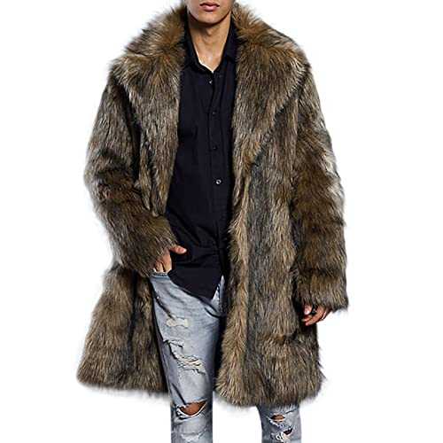 Men's Brown Faux Fur Coat Long Lapel Trench Coat Winter Long Jacket Thicken Warm Parka Outerwear Loose Fluffy Faux Fur Overcoat Fur Collar Cardigan Christmas Halloween Costume