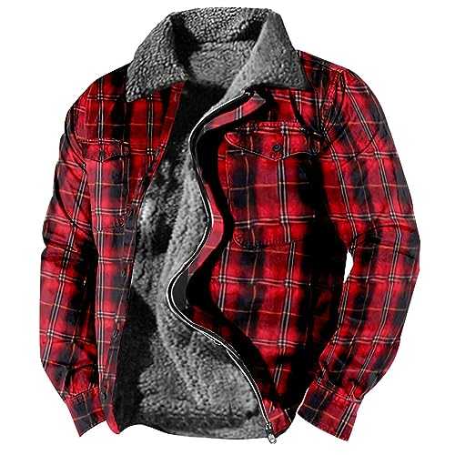 Splrit-MAN Men'S Fleece Jacket Lapel Plaid Print Fleece Lining Combat Jacket Zipped Winter Outerwear With Pockets Thick Thermo Army Jacket Oversized Wander Jackets Coats No Hood
