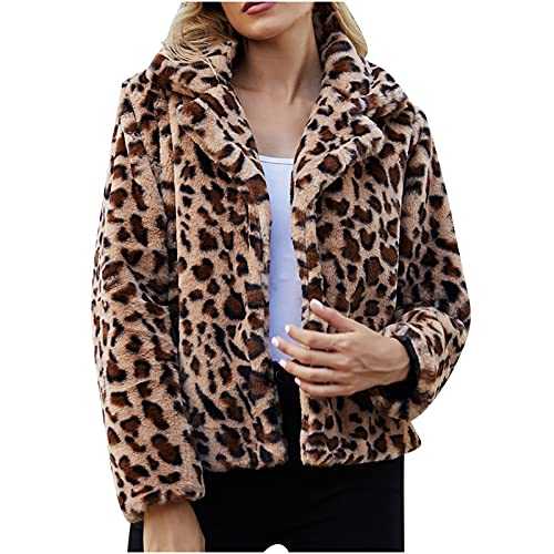 Ladies Fleece Jackets Leopard Open Front Faux Fur Cropped Borg Trucker Jacket Long Sleeve Fluffy Shacket Sherpa Jacket Soft Coat Outwear for Women UK Size
