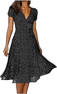 Dresses for Women UK Sale Clearance, Ladies Short Sleeve Maxi Dress V Neck Floral Swing A-Line Midi Frock Beach Boho Polka Dot Attire Casual Loose Evening Party Elegant Wedding Guest Outfit