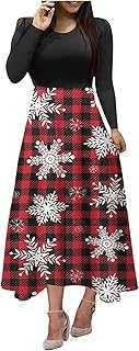 QI_LIANG Christmas Dresses for Women, Long Sleeve Xmas Casual Tunic Dress Womens Plus Size Cool School Patchwor Tunic Dress Polyester Crewneck Printed Slim Cocktail Ladys