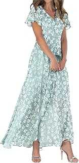 Bohemian Dresses for Women UK Floral Printing V-Neck Ruffle Sleeve Maxi Dress Ladies Short Sleeve Waistline Chiffon Boho Dresses Women's Beach Swing Long Dress Summer Holiday Sundress