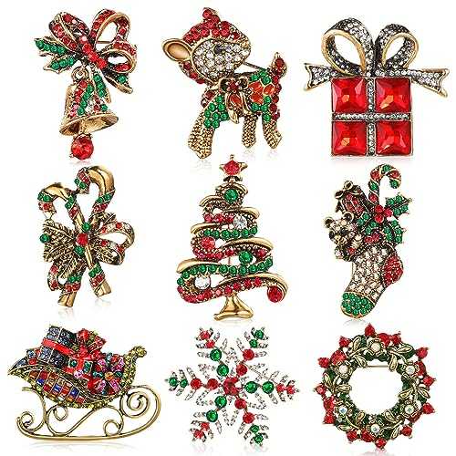 9 Pieces Christmas Pin Brooch for Women Rhinestone Crystal Xmas Element Pins Snowman Bells Christmas snowman Trees Jewelry Pins for Xmas Decorations