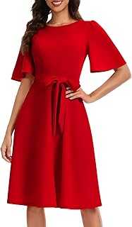 Women's Wedding Guest Dress A Line Ladies Casual Short Sleeve Cocktail Formal Party Daily Dress with Belt