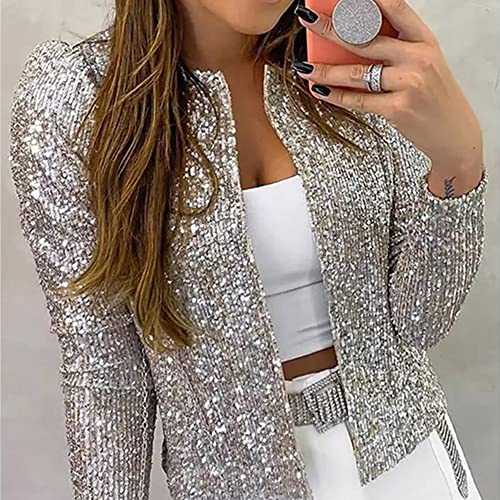 Casual Female Jacket Coat Full Sequins Open Front Jacket Womens Shiny Party Tops Cardigan