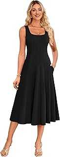 GRACE KARIN Women's Summer Elegant Sundress Sleeveless Square Neck A-Line Midi Pleated Dress