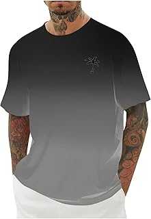 Short Sleeve Shirts Men Gradient Palm Tree Print Round Neck T-Shirts Summer Lightweight Hawaiian Beach Tops