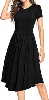 YUNDAI Women Summer Midi Dress Short/Long Sleeve Ladies Dress Crew/V-Neck Floral Plain Beach Party Dresses with Pocket